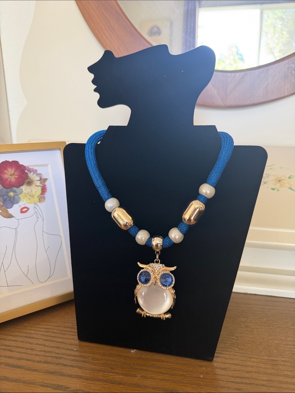 Blue Cord Necklace with Gold Owl Pendant
